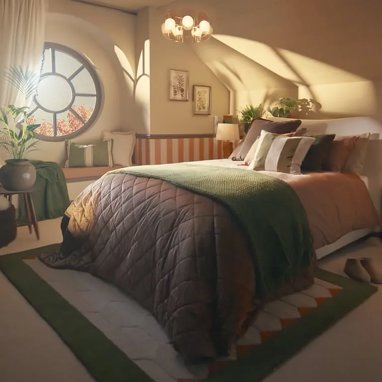 Cozy attic bedroom with soft warm sunlight streaming through a large circular window, featuring a bed styled with green and brown bedding and accent pillows.
